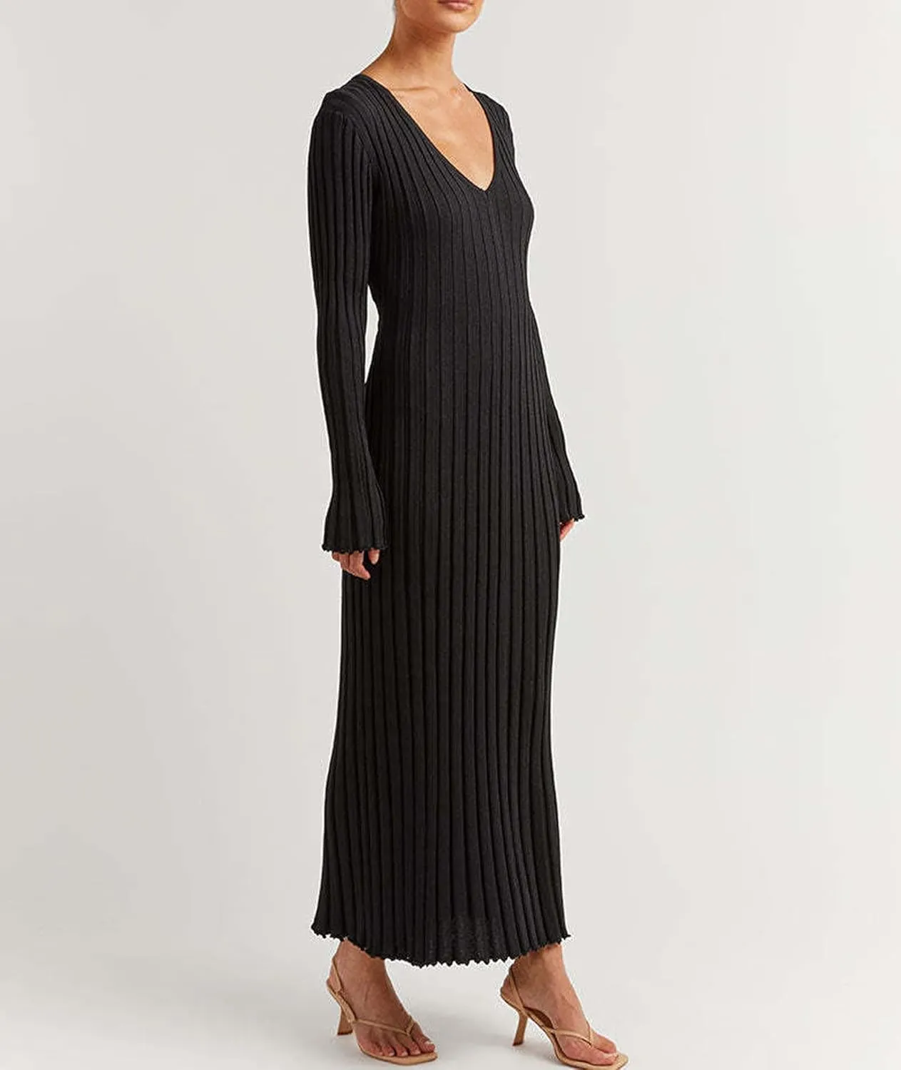 ECDAHICC Women's Sexy Ribbed Knit Sweater Dress Casual Long Sleeve V Neck Bodycon Pleated A Line Long Dress Streetwear