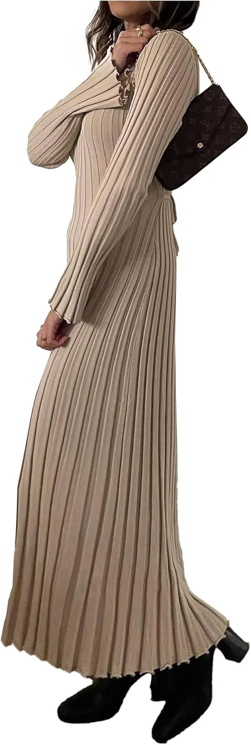 ECDAHICC Women's Sexy Ribbed Knit Sweater Dress Casual Long Sleeve V Neck Bodycon Pleated A Line Long Dress Streetwear