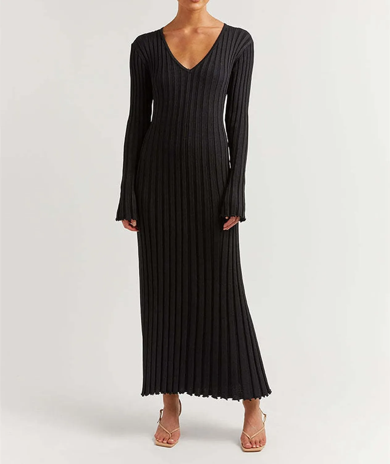 ECDAHICC Women's Sexy Ribbed Knit Sweater Dress Casual Long Sleeve V Neck Bodycon Pleated A Line Long Dress Streetwear