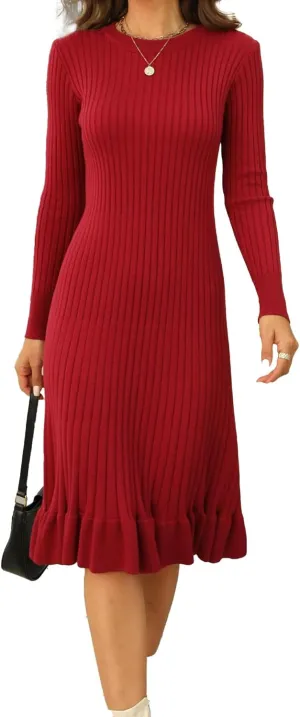 ECDAHICC Women's Sexy Ribbed Knit Sweater Dress Casual Long Sleeve V Neck Bodycon Pleated A Line Long Dress Streetwear