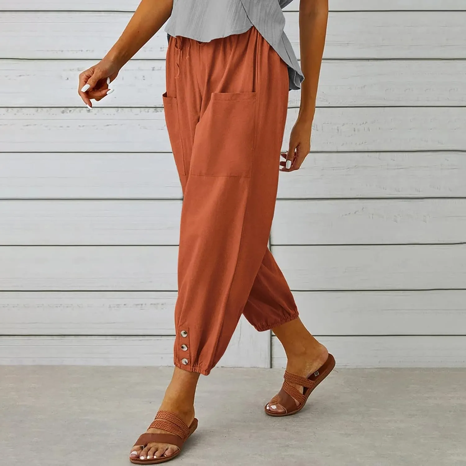 Ecokauer Women's High Waist Drawstring Capri Pants Loose Wide Leg Cropped Lounge Trousers with Pocket