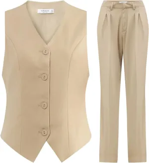 Effortless Elegance  Women's 2-Piece Business Suit, Sleeveless Vest, V Neck & High-Waisted Pants