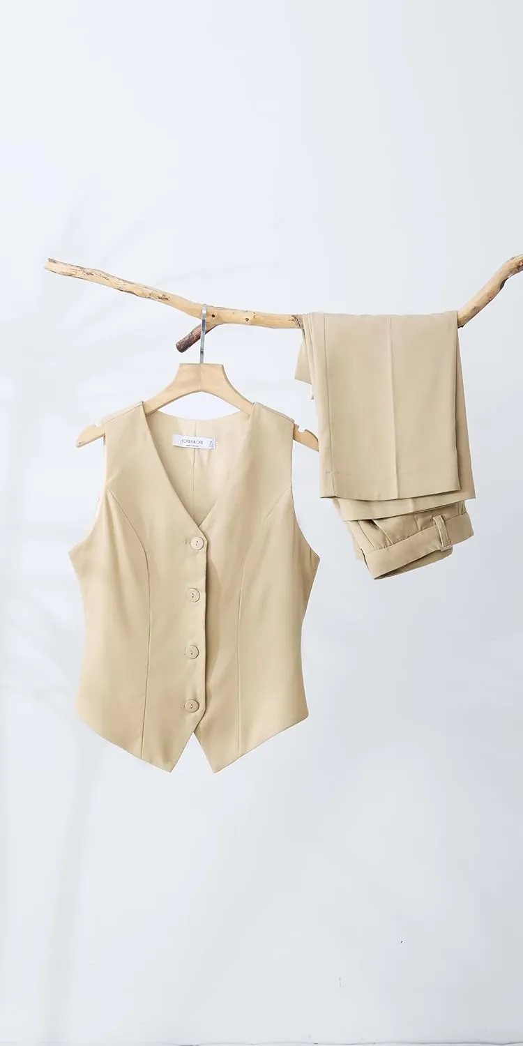 Effortless Elegance  Women's 2-Piece Business Suit, Sleeveless Vest, V Neck & High-Waisted Pants