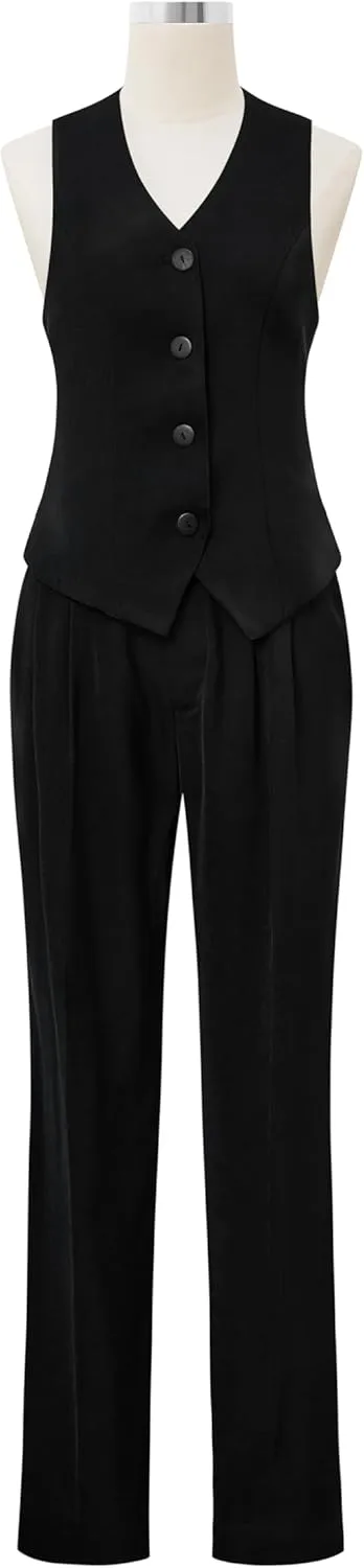 Effortless Elegance  Women's 2-Piece Business Suit, Sleeveless Vest, V Neck & High-Waisted Pants