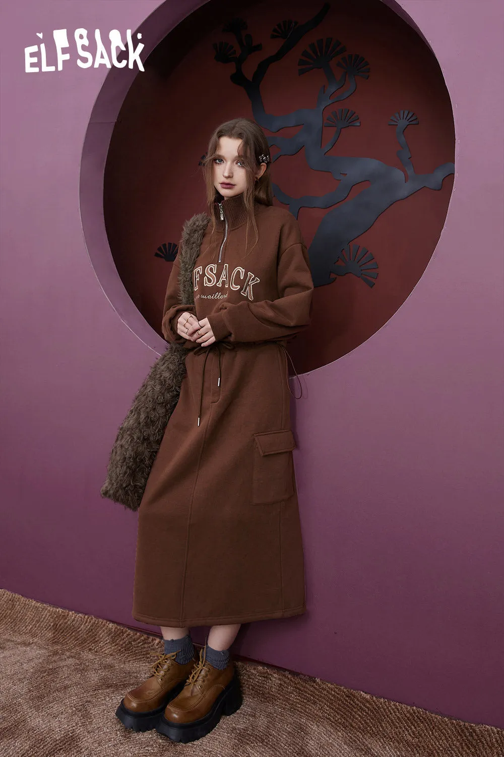 ELFSACK Fleece Pullover Skirt Sports Suit Women 2023 Winter Loose Casual Wear