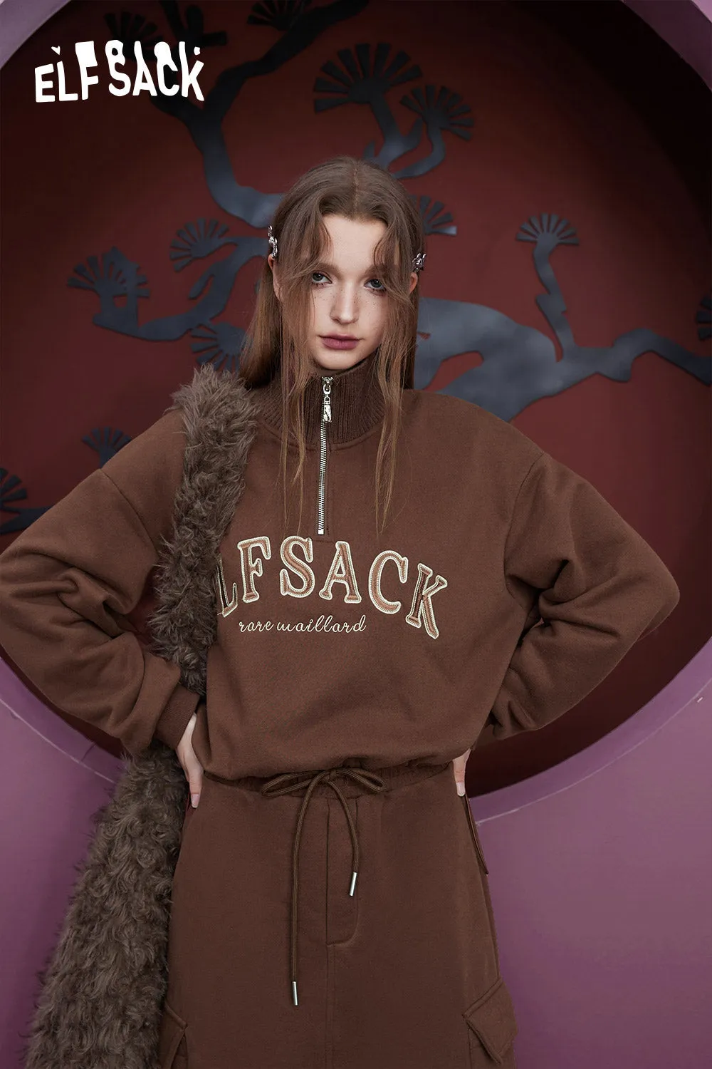 ELFSACK Fleece Pullover Skirt Sports Suit Women 2023 Winter Loose Casual Wear