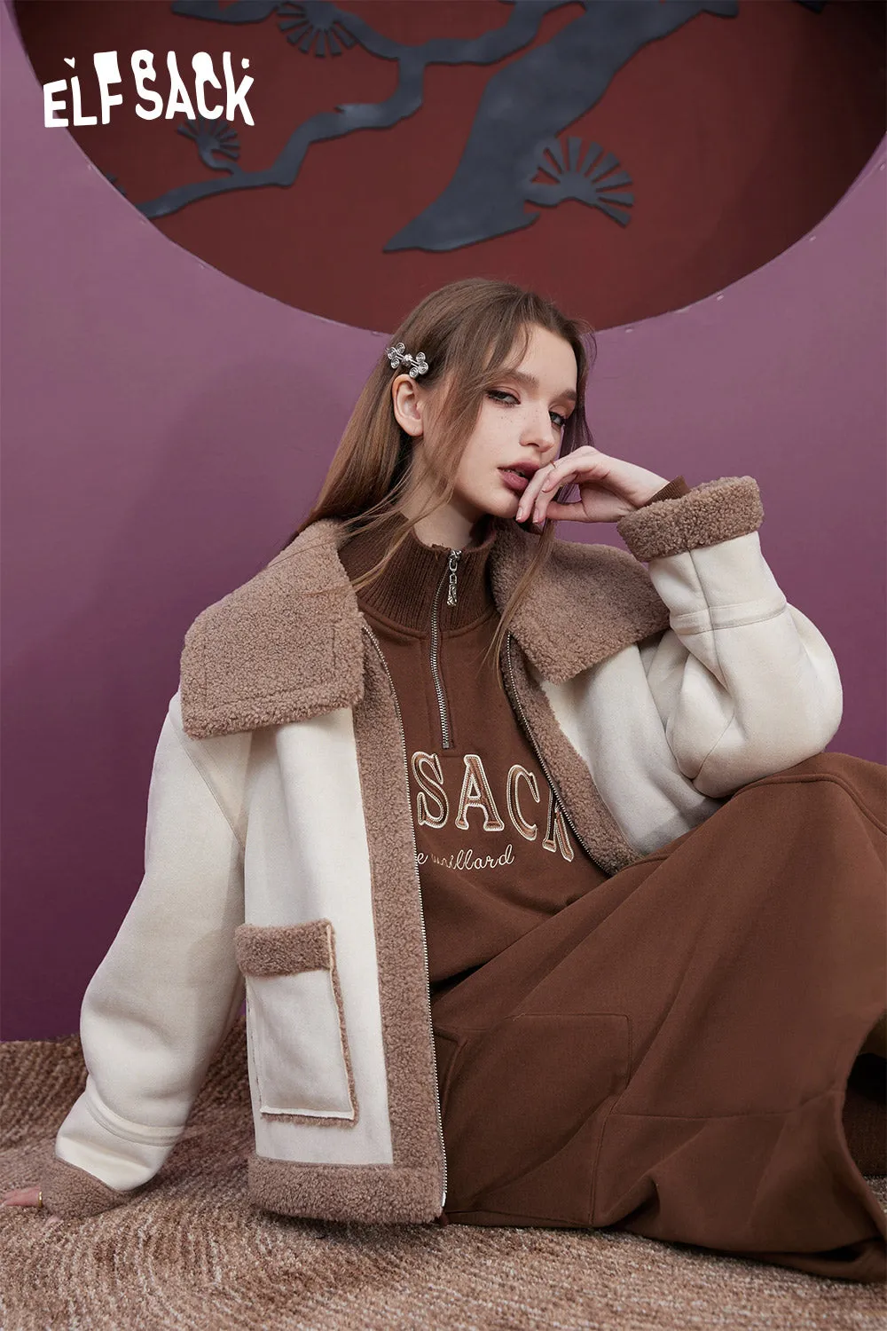 ELFSACK Fleece Pullover Skirt Sports Suit Women 2023 Winter Loose Casual Wear