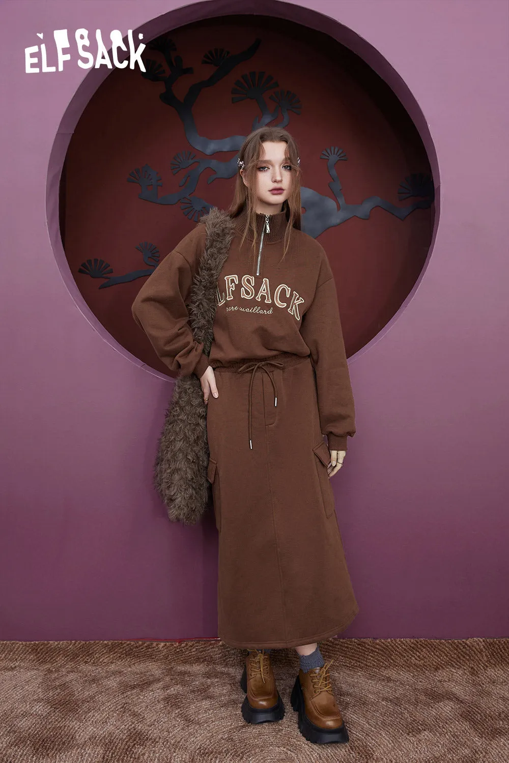 ELFSACK Fleece Pullover Skirt Sports Suit Women 2023 Winter Loose Casual Wear