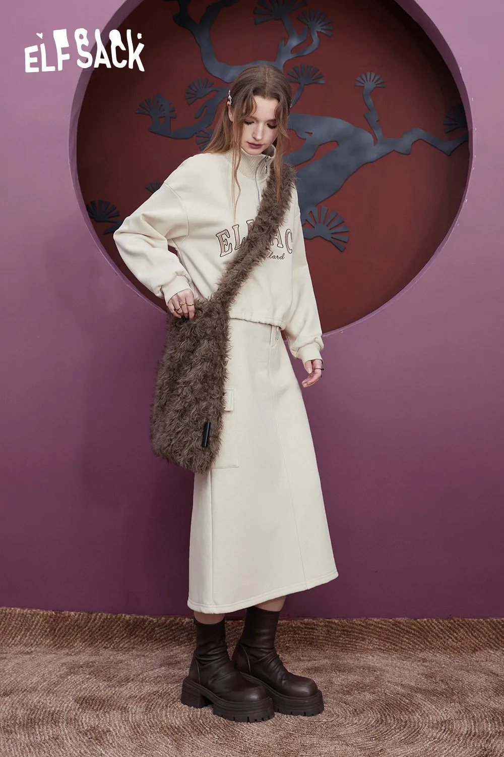 ELFSACK Fleece Pullover Skirt Sports Suit Women 2023 Winter Loose Casual Wear