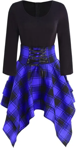 Fashion Women Long Sleeve O-Neck Lace Up Tartan Plaid Print Asymmetrical Dress Women Plus Size Dress