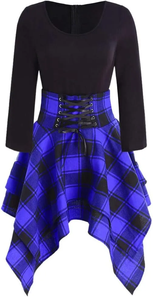 Fashion Women Long Sleeve O-Neck Lace Up Tartan Plaid Print Asymmetrical Dress Women Plus Size Dress