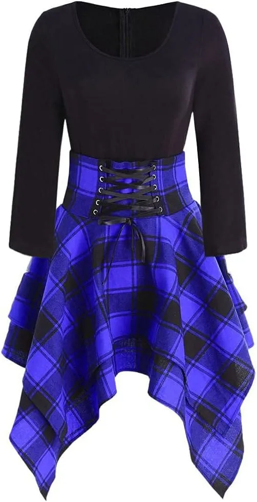 Fashion Women Long Sleeve O-Neck Lace Up Tartan Plaid Print Asymmetrical Dress Women Plus Size Dress