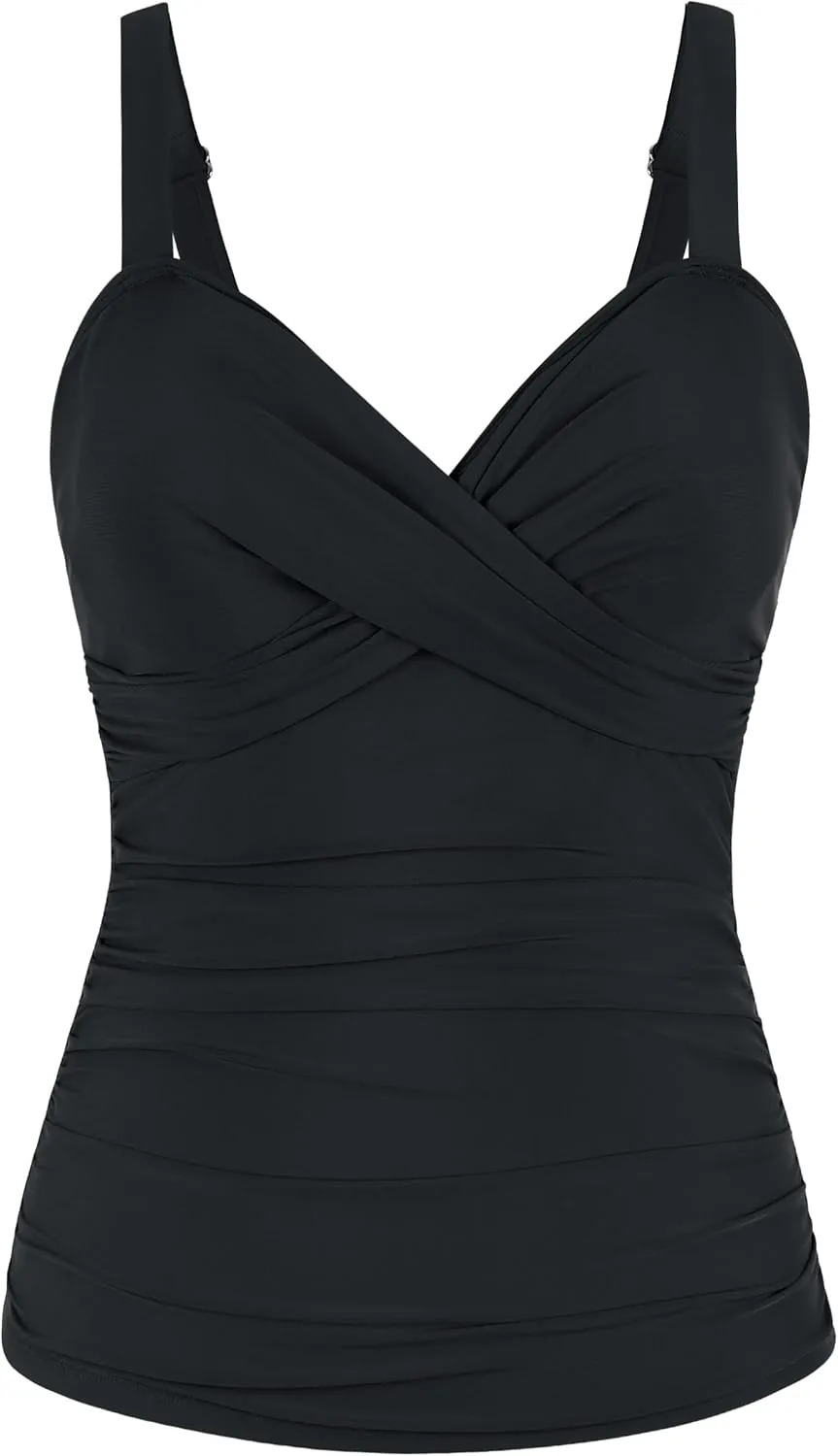 Firpearl Womens Underwire Tankini Top Only Twist V Neck Swimsuits for Big Busted Ruched Tummy Control Bathing Suit Tops