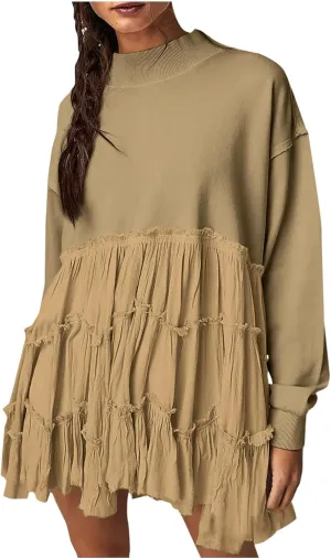 Firzero Womens Oversized Sweatshirt Dress Patchwork Long Sleeve Crewneck Pleated Mini Dresses 2024 Casual Pullover Tops