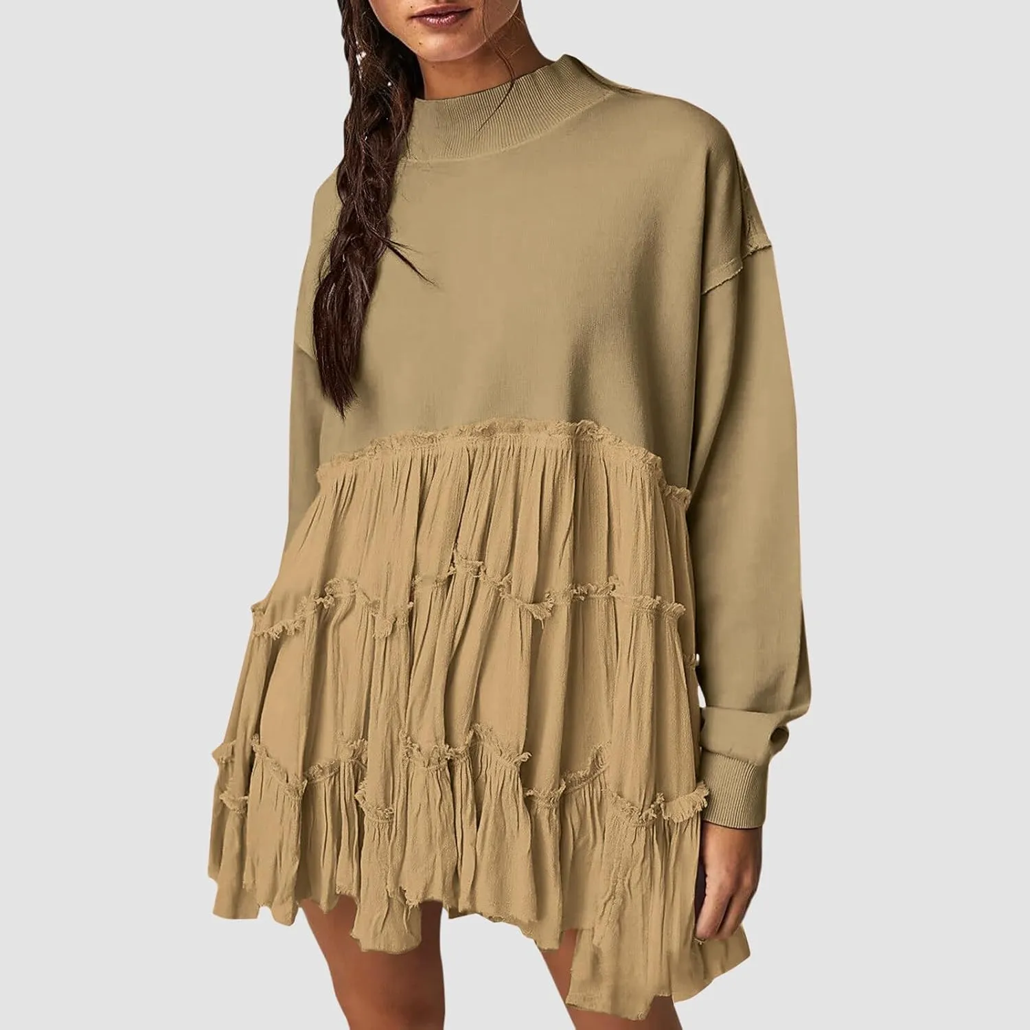 Firzero Womens Oversized Sweatshirt Dress Patchwork Long Sleeve Crewneck Pleated Mini Dresses 2024 Casual Pullover Tops