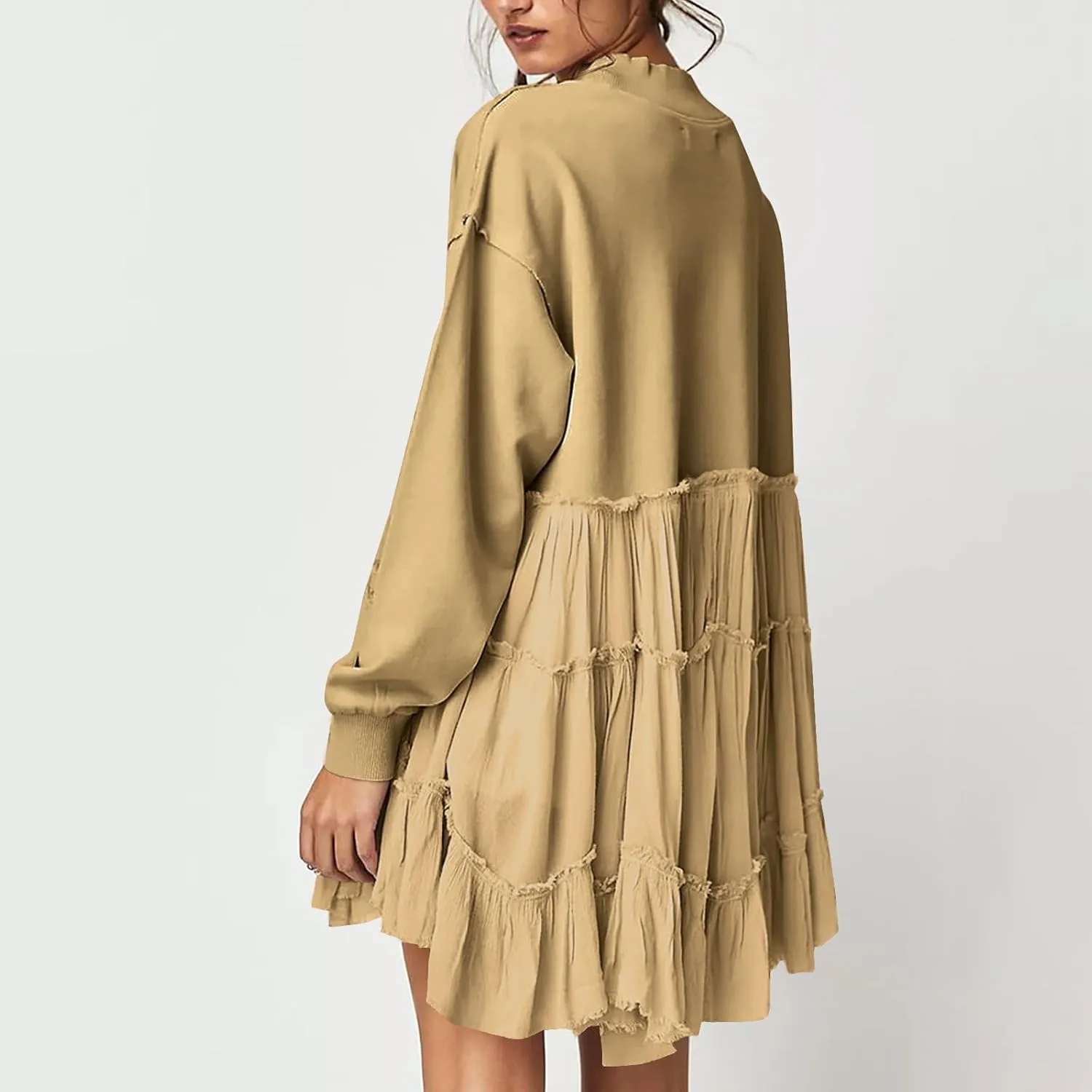Firzero Womens Oversized Sweatshirt Dress Patchwork Long Sleeve Crewneck Pleated Mini Dresses 2024 Casual Pullover Tops
