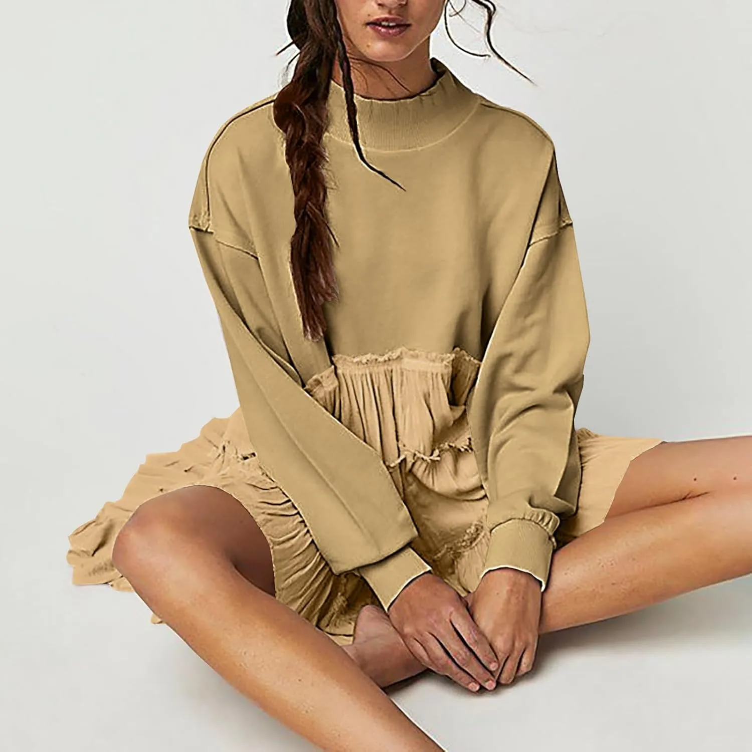 Firzero Womens Oversized Sweatshirt Dress Patchwork Long Sleeve Crewneck Pleated Mini Dresses 2024 Casual Pullover Tops