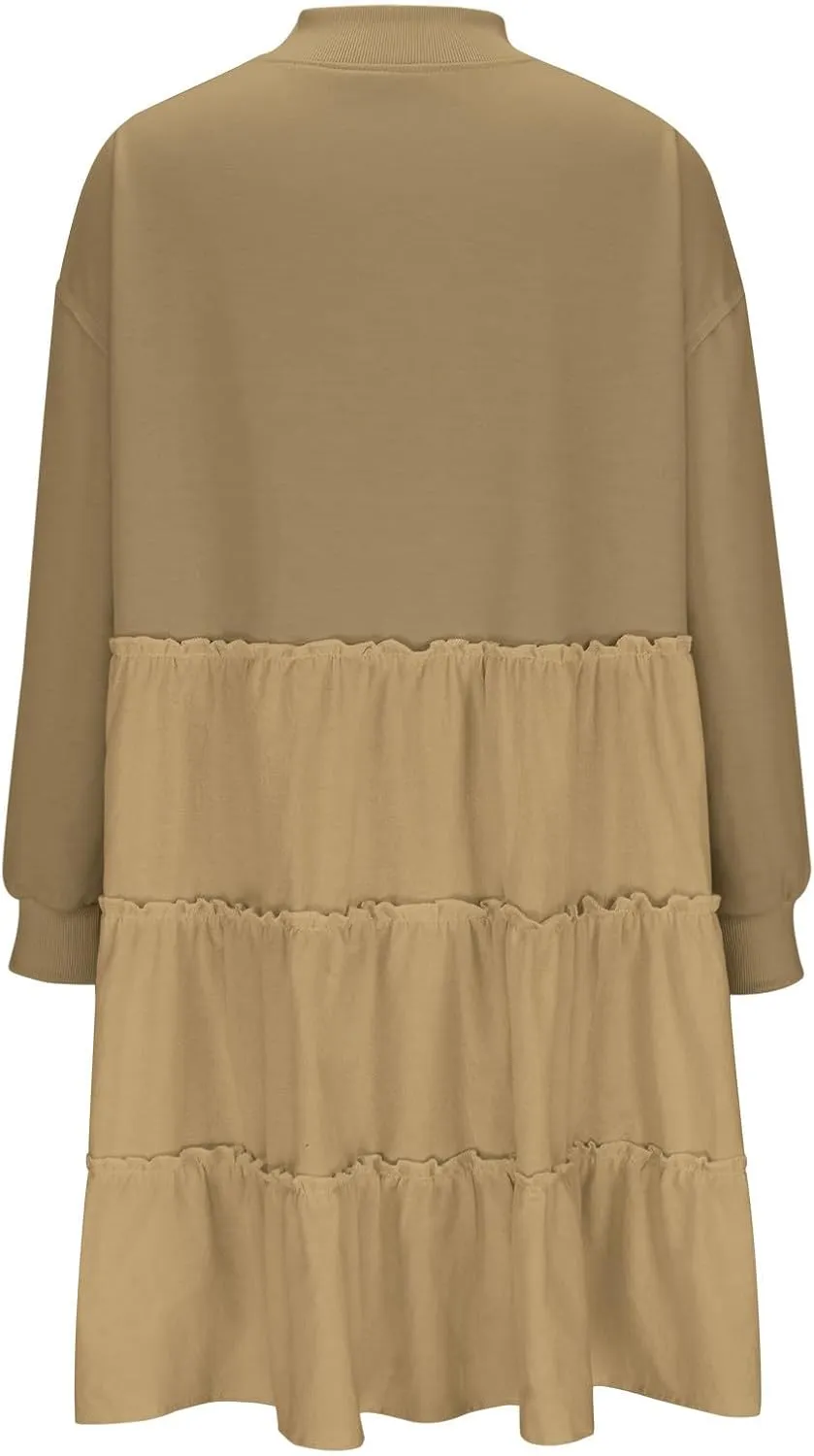 Firzero Womens Oversized Sweatshirt Dress Patchwork Long Sleeve Crewneck Pleated Mini Dresses 2024 Casual Pullover Tops