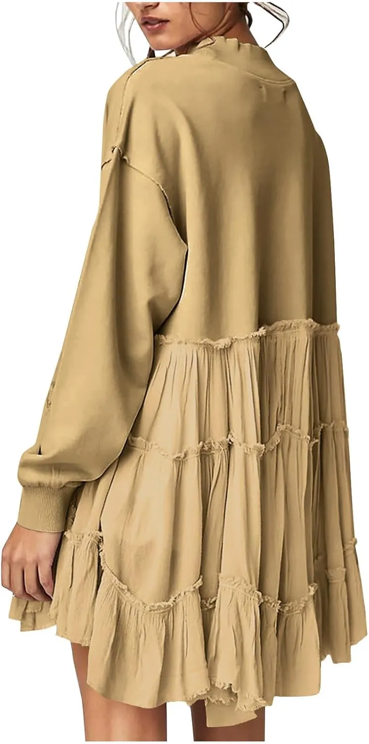Firzero Womens Oversized Sweatshirt Dress Patchwork Long Sleeve Crewneck Pleated Mini Dresses 2024 Casual Pullover Tops