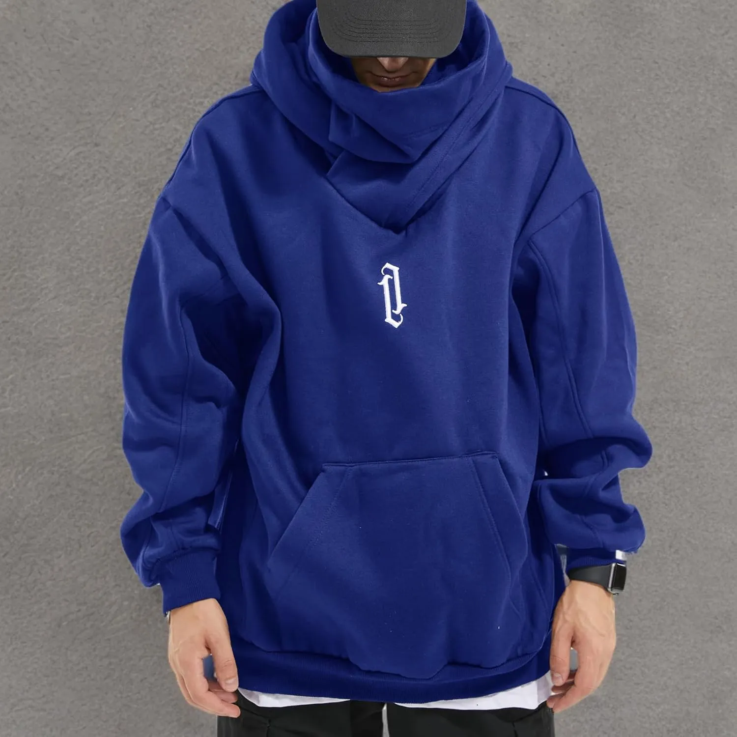 Fleece Hoodies for Men Cowl Neck Sweatshirts Casual Pullover Fall Winter Loose Fit Tops with Embroidery