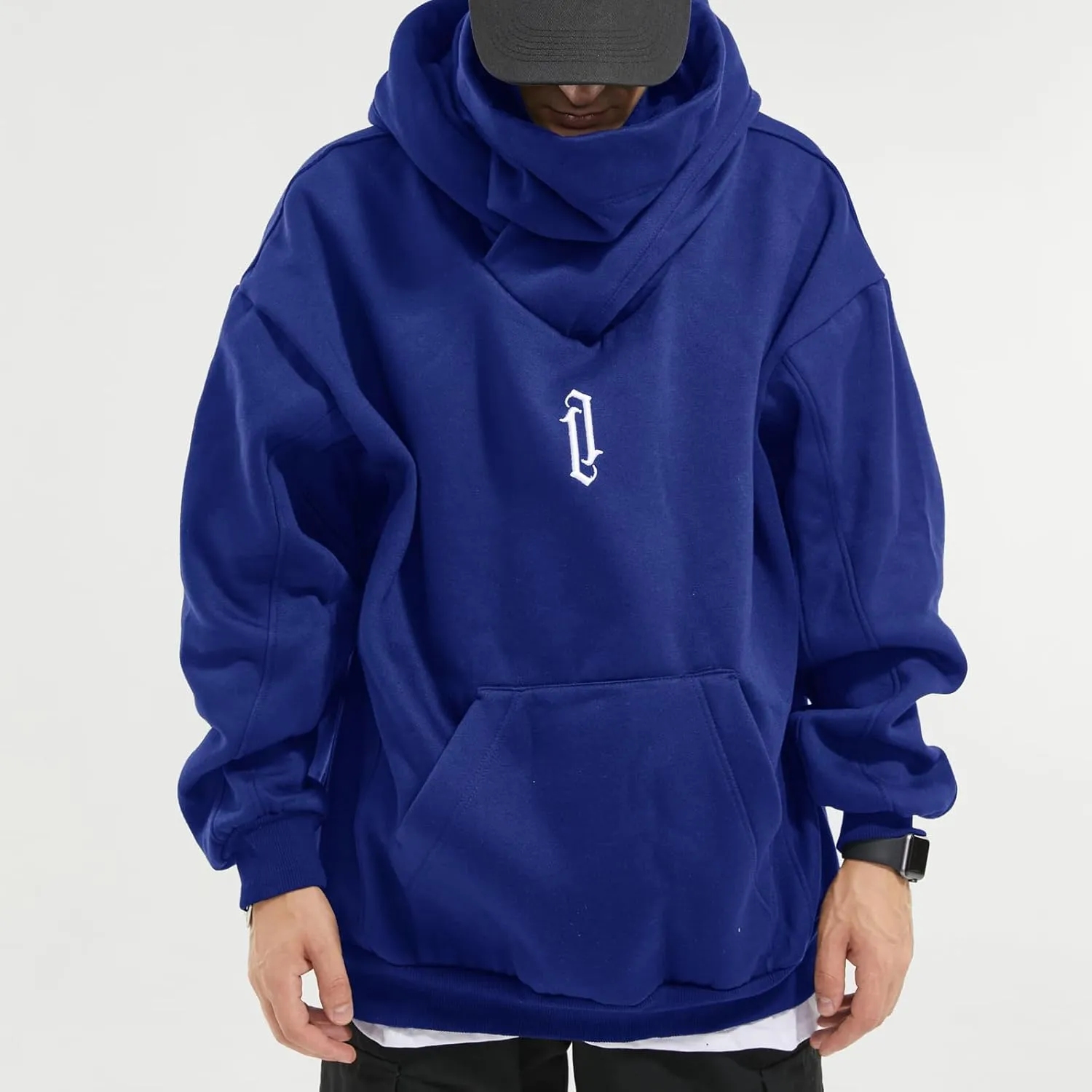 Fleece Hoodies for Men Cowl Neck Sweatshirts Casual Pullover Fall Winter Loose Fit Tops with Embroidery