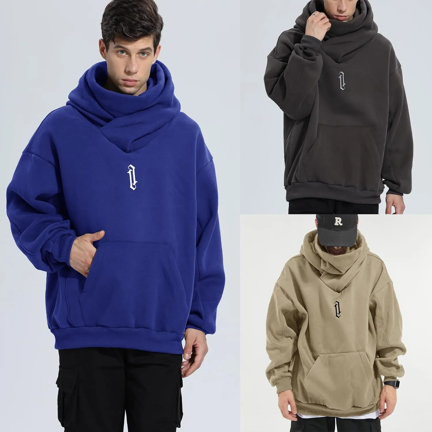 Fleece Hoodies for Men Cowl Neck Sweatshirts Casual Pullover Fall Winter Loose Fit Tops with Embroidery