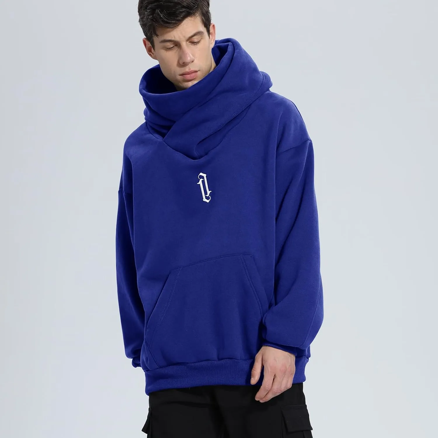 Fleece Hoodies for Men Cowl Neck Sweatshirts Casual Pullover Fall Winter Loose Fit Tops with Embroidery