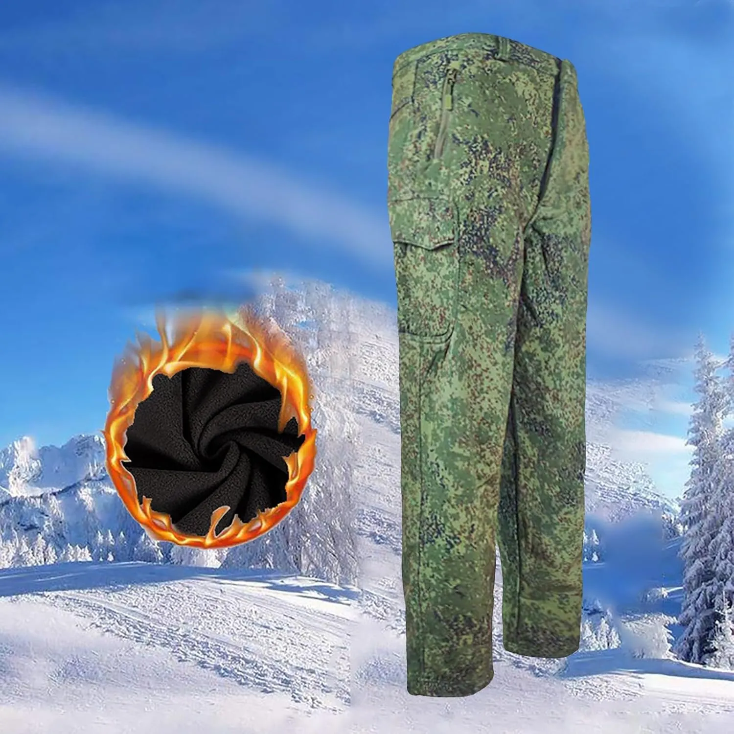 Fleece Men Camo Pants Straight Leg Tactical Pant Outdoor Cargo Pants Winter Windbreaker Pants Waterproof Hiking Pant