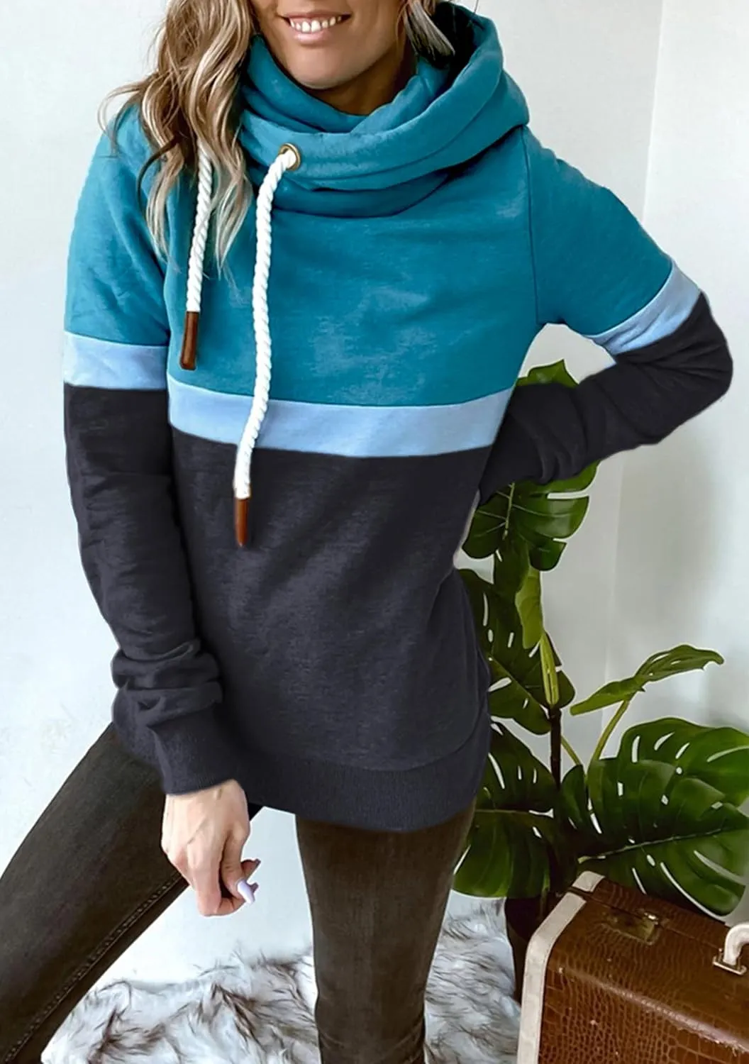 FLITAY Womens Long Sleeve Casual Drawstring Hoodie Color Block Cowl Neck Pullover Graphic Printed Sweatshirt