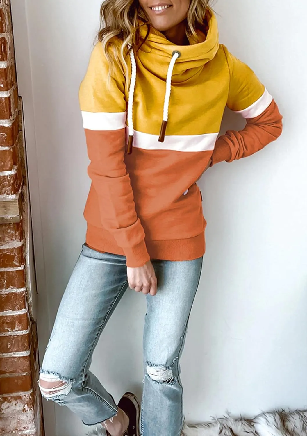 FLITAY Womens Long Sleeve Casual Drawstring Hoodie Color Block Cowl Neck Pullover Graphic Printed Sweatshirt