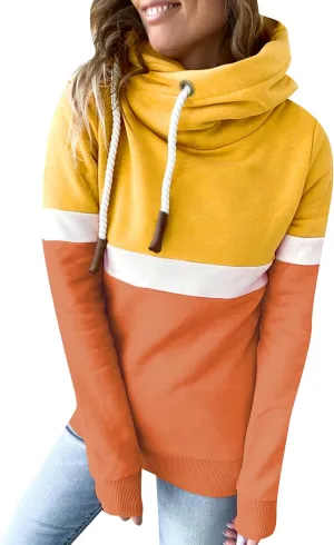 FLITAY Womens Long Sleeve Casual Drawstring Hoodie Color Block Cowl Neck Pullover Graphic Printed Sweatshirt