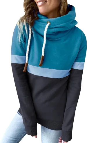 FLITAY Womens Long Sleeve Casual Drawstring Hoodie Color Block Cowl Neck Pullover Graphic Printed Sweatshirt
