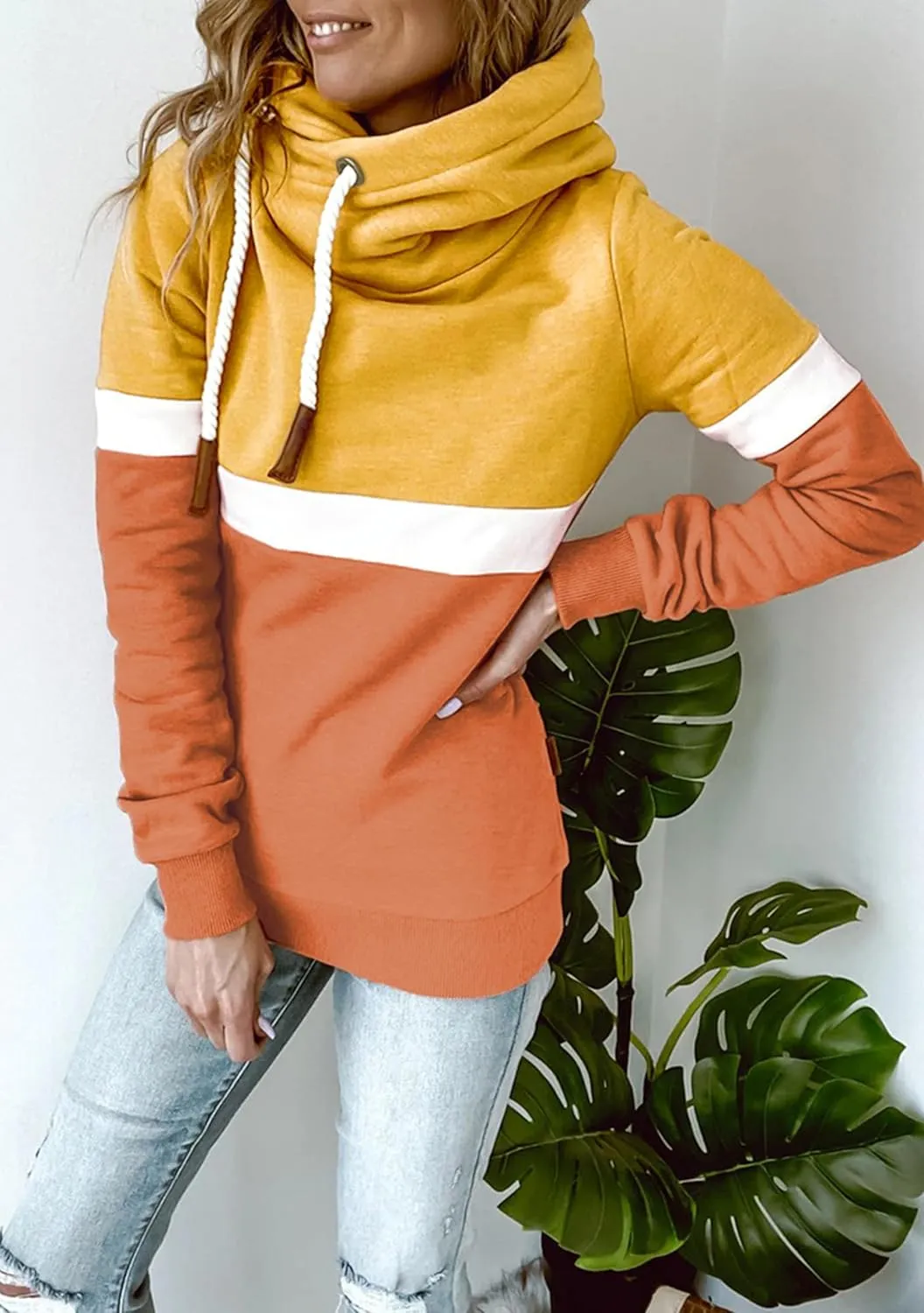 FLITAY Womens Long Sleeve Casual Drawstring Hoodie Color Block Cowl Neck Pullover Graphic Printed Sweatshirt