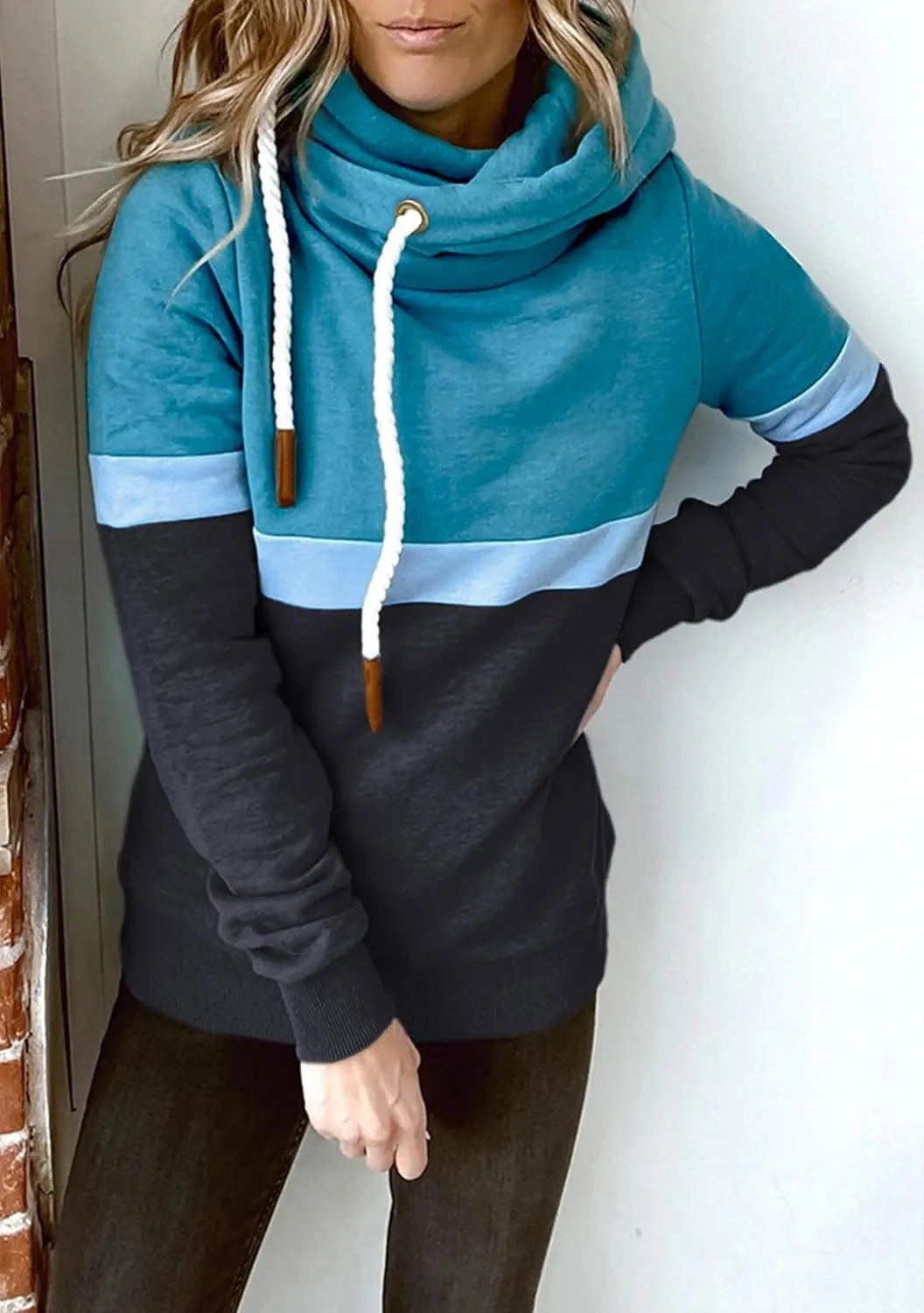 FLITAY Womens Long Sleeve Casual Drawstring Hoodie Color Block Cowl Neck Pullover Graphic Printed Sweatshirt