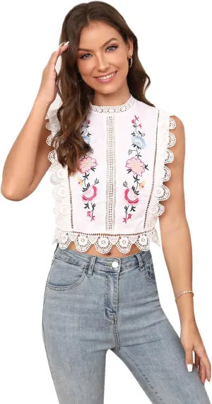 Floerns Women's Mock Neck Guipure Lace Trim Embroidery Blouse Tops