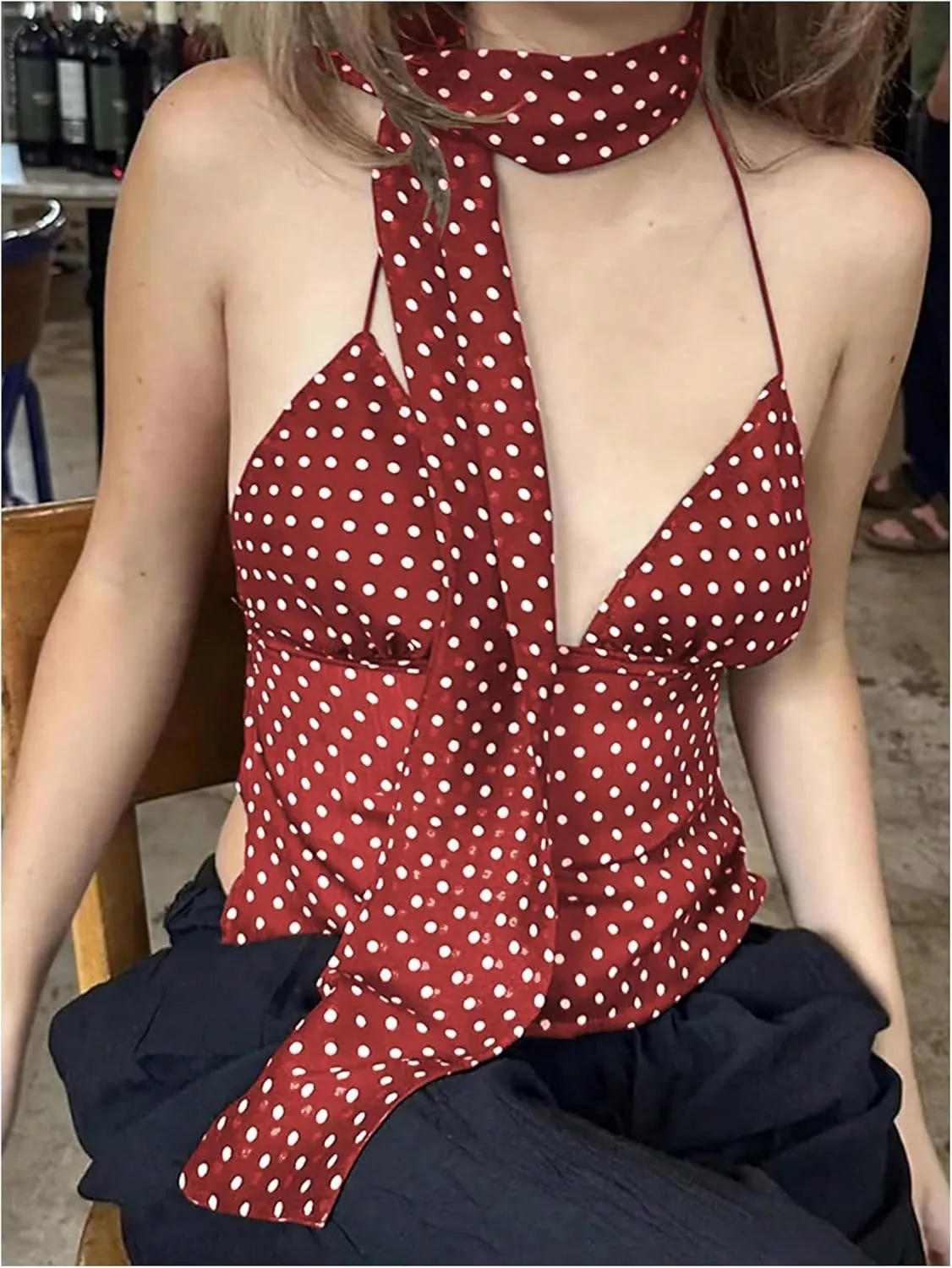 Floerns Women's Polka Dots Tie Front Tops Backless Camisole Tie Back Cami Top with Ribbon