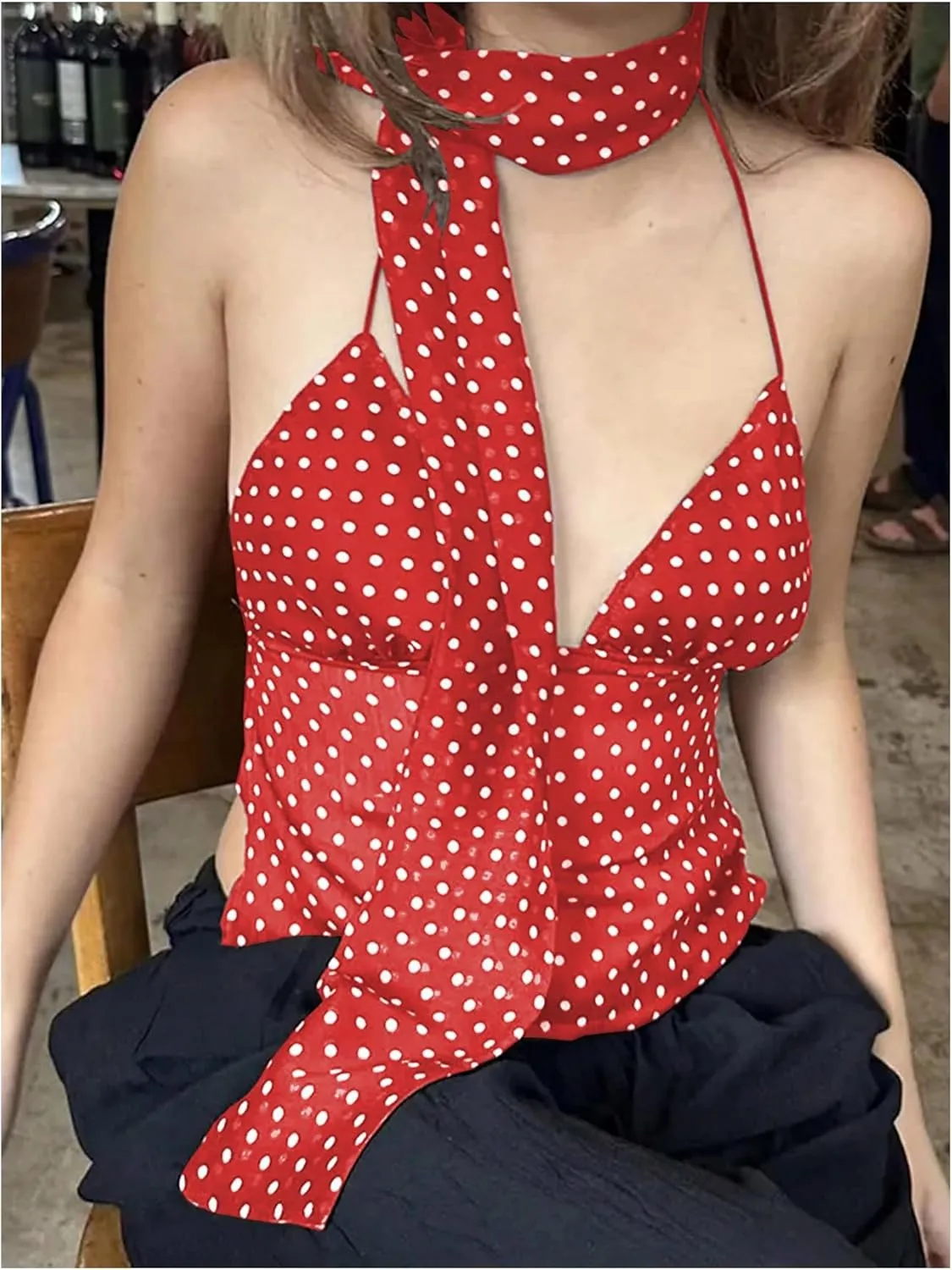 Floerns Women's Polka Dots Tie Front Tops Backless Camisole Tie Back Cami Top with Ribbon