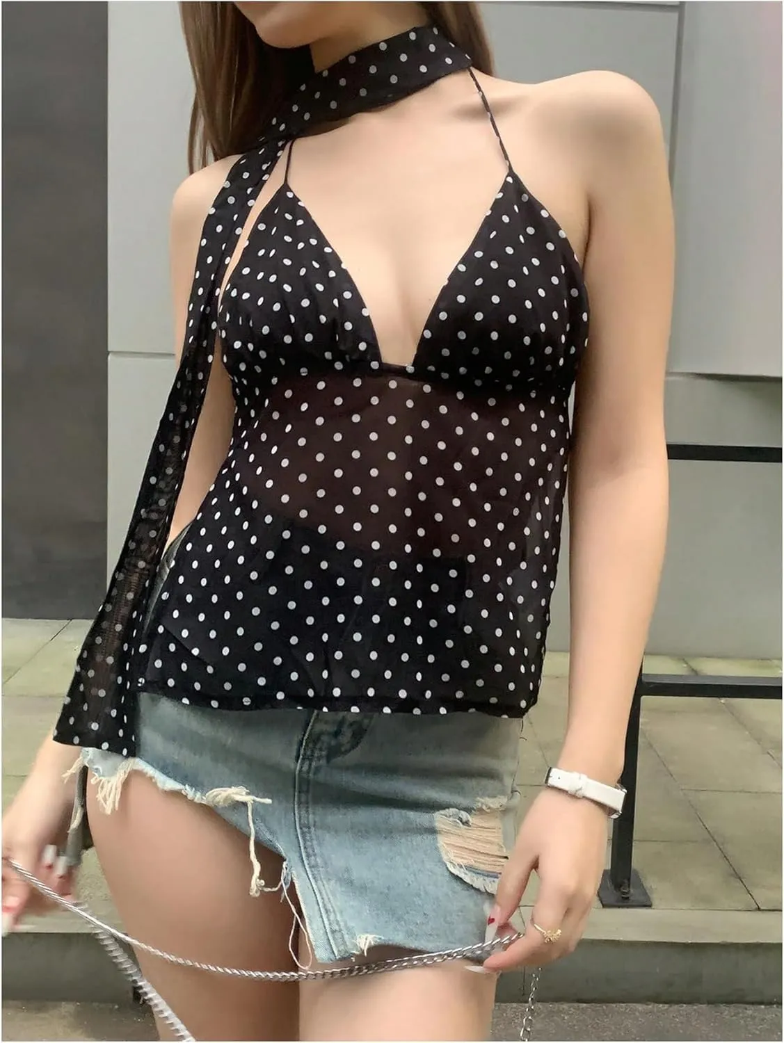 Floerns Women's Polka Dots Tie Front Tops Backless Camisole Tie Back Cami Top with Ribbon