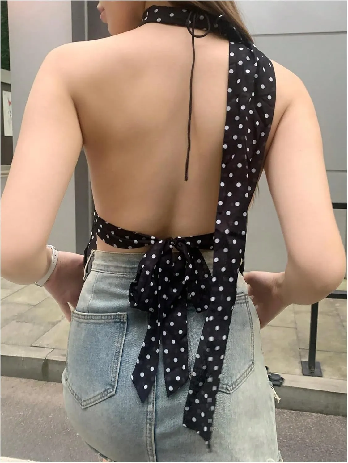 Floerns Women's Polka Dots Tie Front Tops Backless Camisole Tie Back Cami Top with Ribbon