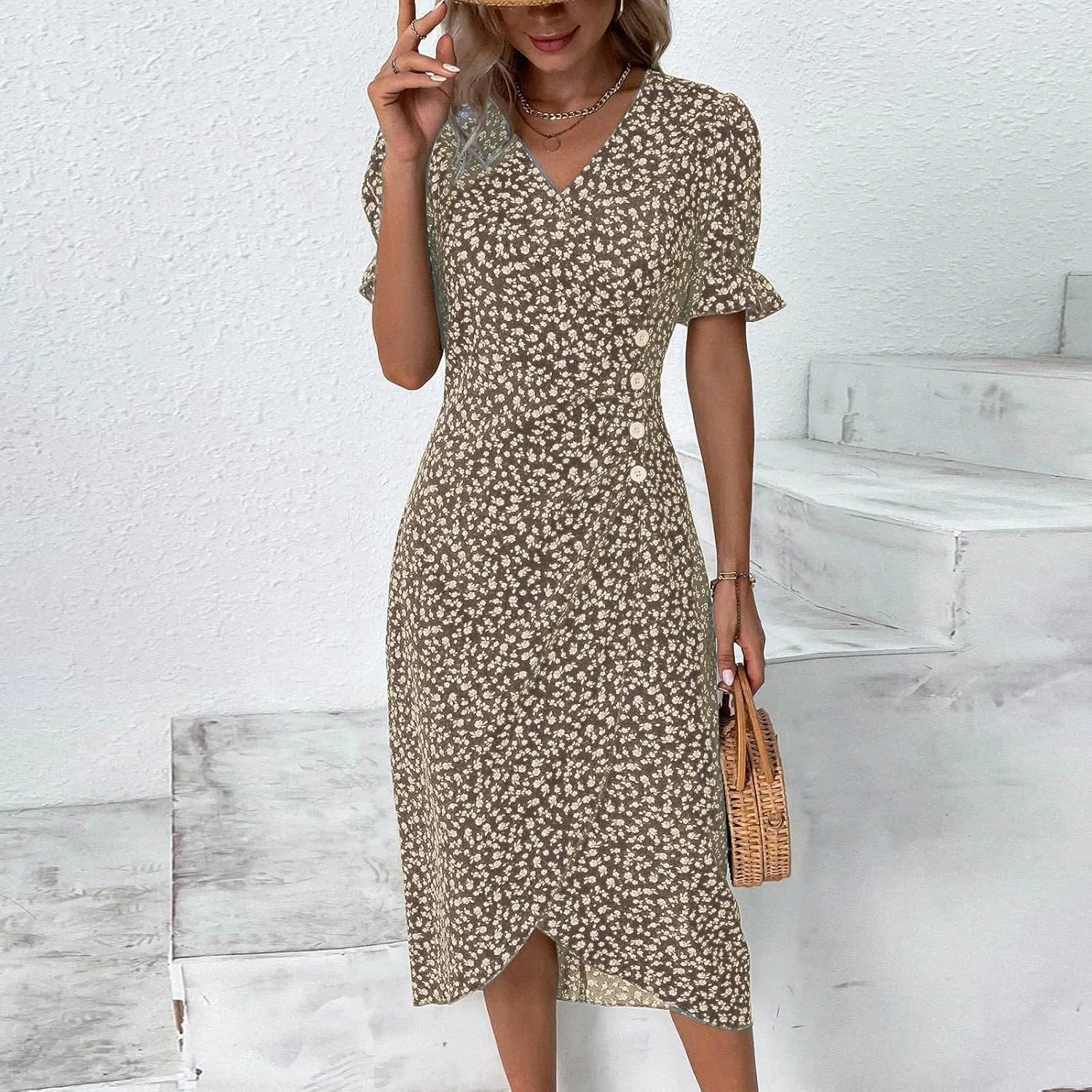 Floral Vacation Dresses for Women: Trendy V-Neck Ruched Short/Long Sleeve Dress - Casual Fashion for Spring/Summer
