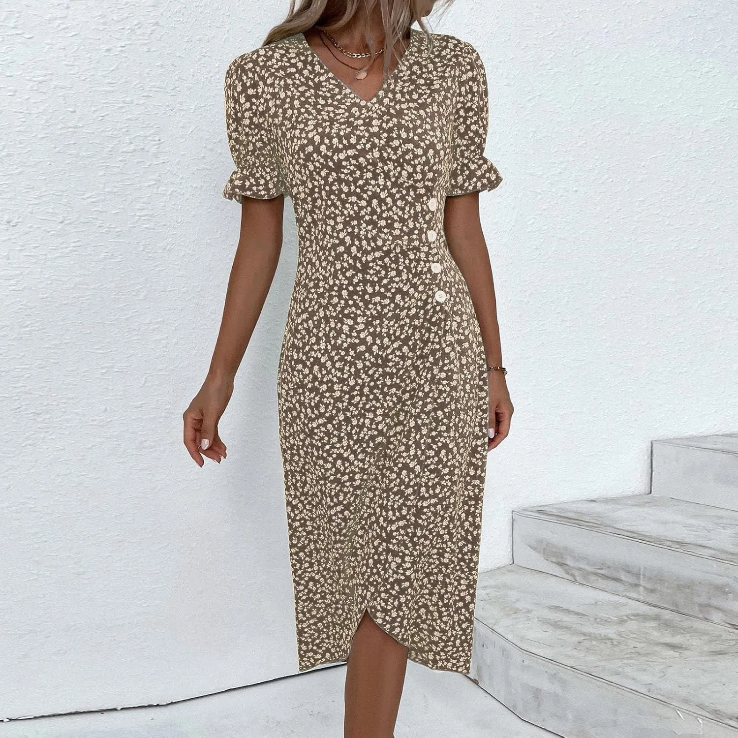 Floral Vacation Dresses for Women: Trendy V-Neck Ruched Short/Long Sleeve Dress - Casual Fashion for Spring/Summer