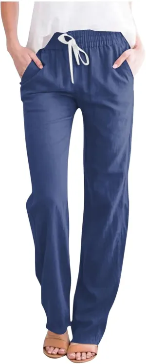 FZVYD Women's Casual Cotton Linen Pants 2025 Fashion Drawstring Lightweight Summer Relax Fit Straight Leg Lounge Trousers
