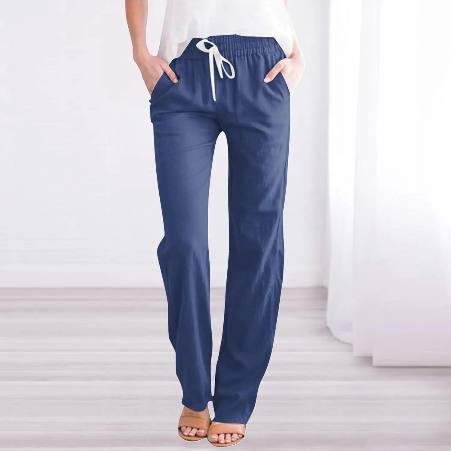 FZVYD Women's Casual Cotton Linen Pants 2025 Fashion Drawstring Lightweight Summer Relax Fit Straight Leg Lounge Trousers