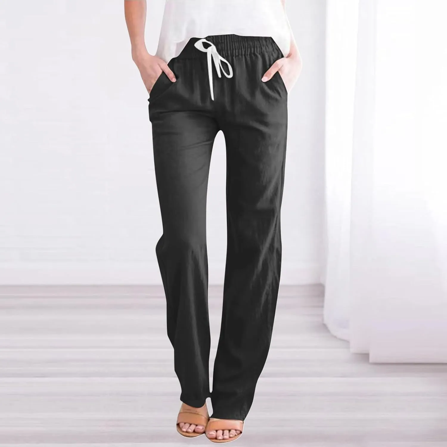 FZVYD Women's Casual Cotton Linen Pants 2025 Fashion Drawstring Lightweight Summer Relax Fit Straight Leg Lounge Trousers