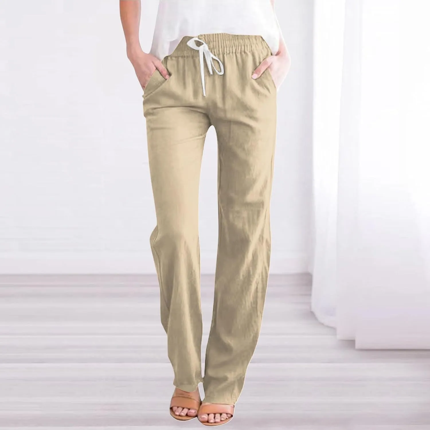 FZVYD Women's Casual Cotton Linen Pants 2025 Fashion Drawstring Lightweight Summer Relax Fit Straight Leg Lounge Trousers