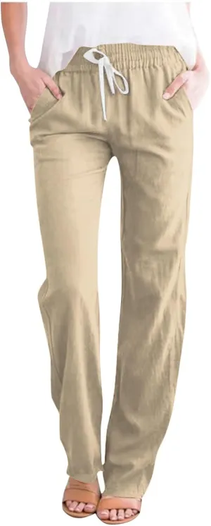 FZVYD Women's Casual Cotton Linen Pants 2025 Fashion Drawstring Lightweight Summer Relax Fit Straight Leg Lounge Trousers