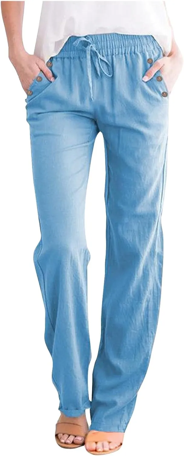 FZVYD Women's Casual Cotton Linen Pants 2025 Fashion Drawstring Lightweight Summer Relax Fit Straight Leg Lounge Trousers