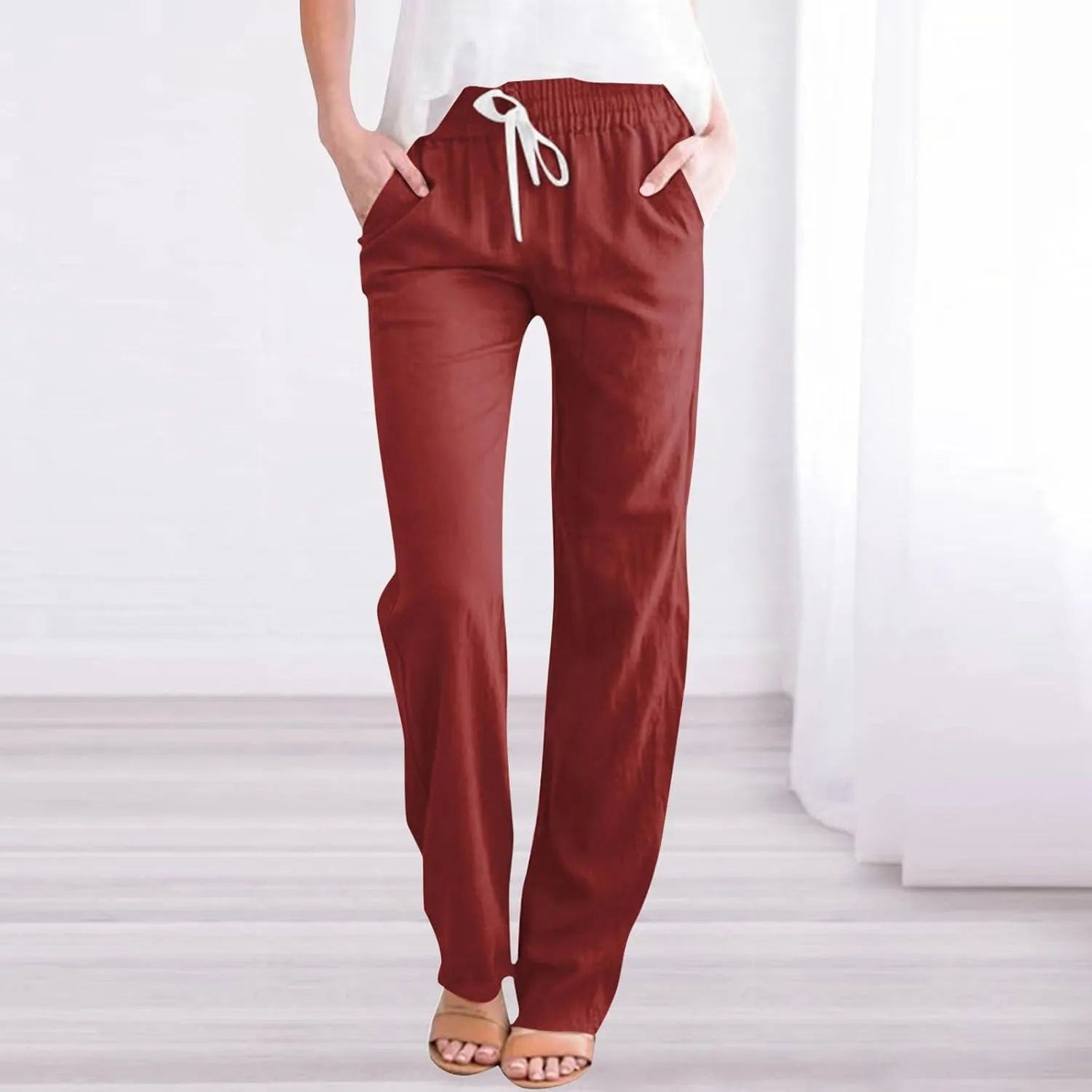 FZVYD Women's Casual Cotton Linen Pants 2025 Fashion Drawstring Lightweight Summer Relax Fit Straight Leg Lounge Trousers