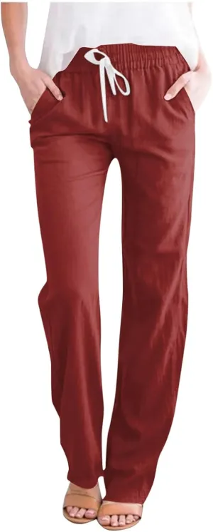 FZVYD Women's Casual Cotton Linen Pants 2025 Fashion Drawstring Lightweight Summer Relax Fit Straight Leg Lounge Trousers