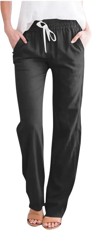 FZVYD Women's Casual Cotton Linen Pants 2025 Fashion Drawstring Lightweight Summer Relax Fit Straight Leg Lounge Trousers